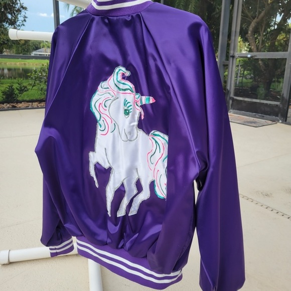 Shiny Purple bomber snap up style jacket with white unicorn on back - Picture 2 of 8